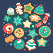 Set of different Christmas cookies isolated on the dark blue background.