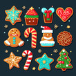 Set of different Christmas cookies isolated on the dark background.
