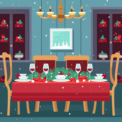 Poster - Christmas table with wine glasses and snowflakes.