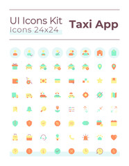 Canvas Print - Taxi service flat color ui icons set. Urban vehicle order. Digital technology for business. GUI, UX design for mobile app. Vector isolated RGB pictograms. Montserrat Bold, Light fonts used