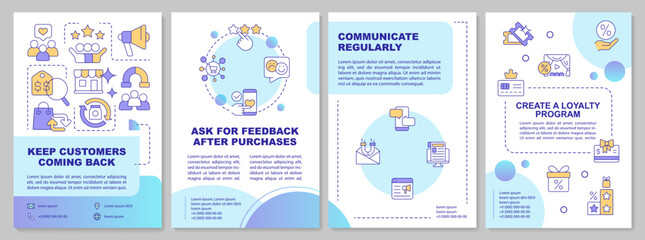 Keep customers return to shop brochure template. Leaflet design with linear icons. Editable 4 vector layouts for presentation, annual reports. Arial-Bold, Myriad Pro-Regular fonts used
