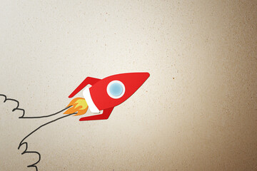 Wall Mural - creative image of red rocket sketch flying up on light backdrop. start up and business ideas concept