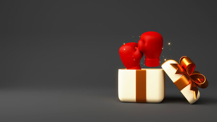 Sticker - 3D Render Of Surprise Gift Box With Boxing Gloves Against Black Background And Copy Space.