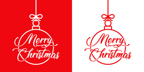 Canvas Print - Logo con texto manuscrito Merry Christmas en bola de navidad colgando de una cuerda con líneas en fondo rojo y fondo blanco