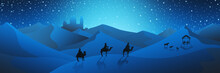 Christmas Nativity Scene Of Three Wise Men Magi Going To Meet Baby Jesus In The Manger With The City Of Bethlehem In The Distance Illustration
