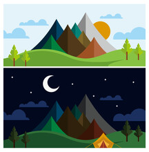 Modern Minimalist Vector Image Of Mountain Landscape During Day And Night With Sun, Moon, Stars, Clouds, Trees And Tent. Seven Summit Mountains.