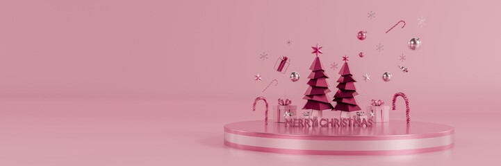 Happy New Year,christmas background,pink christmas tree surrounded floating ornament candy cane,gift box,decoration scene,geometric polygon,product show,celebrate holiday,3d render,banner panoramic