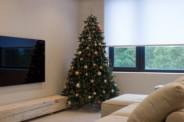 Wall Mural - Roller blinds in the New Year and Christmas interior design. Roller shades close up on large windows. Sunscreen curtains in the living room. A new year tree in the apartment. 