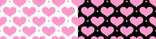 Pink Hearts Seamless Vector Romantic Pattern For Wrapping Paper, Cover Design, Postcard, Poster, Flyers, Card. Pink, White And Black Endless Ornament For Valentine Day. Template For Design. Valentines