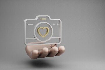 Aufkleber - Beautiful abstract illustrations Golden Hand Holding Digital Camera with heart symbol icon on a gray background. 3d rendering illustration. Background pattern for design. Wedding day.