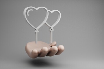 Poster - Beautiful abstract illustrations Golden Hand Holding Heart Balloons symbol icon on a gray background. 3d rendering illustration. Background pattern for design. Wedding day.