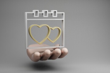 Poster - Beautiful abstract illustrations Golden Hand Holding Wedding Date with heart  symbol icon on a gray background. 3d rendering illustration. Background pattern for design. Wedding day.