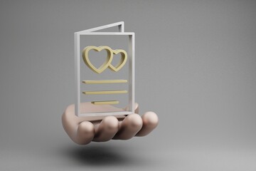 Poster - Beautiful abstract illustrations Golden Hand Holding Invitation with heart symbol icon on a gray background. 3d rendering illustration. Background pattern for design. Wedding day.