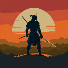 Vector Art Of Samurai Looking Into The Distance. Japanese Warrior At Sunset. Fighter With Katana Sword. Epic Medieval Fighter. Cartoon Illustration.
