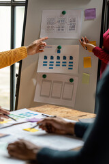Group of ux developer and ui designer brainstorming about app interface design at modern office. Creative digital development agency