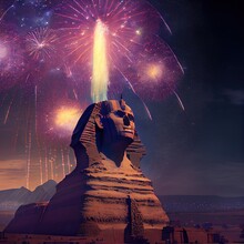 Sphinx And Pyramids In Egypt During New Year Celebration And Fireworks