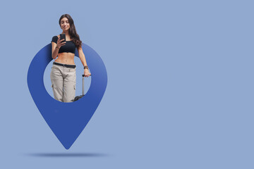 Wall Mural - Traveler woman in a GPS pin