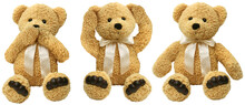 Three Teddy Bears See Hear Speak No Evil, Child Abuse And Home Violence Concept, Isolated