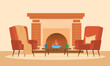 Cozy living room. Fire place with two armchair. Vector illustration.