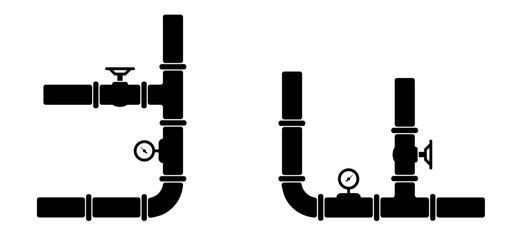 Wall Mural - Water, oil or gas pipeline with fittings and valves. Pipeline and black tap, open, close. Globe valve icon or pictogram. Vector pipe fitting symbol. Wastewater or Waste water logo. Distribution.