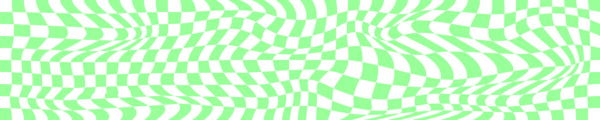 Wall Mural - Psychedelic pattern with warped green and white squares. Distorted chess board background. Checkered optical illusion. Crazy geometric design. Trippy checkerboard surface