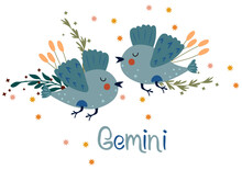 Gemini. Cute Zodiac Sign With Colorful Leaves And Stars Around. Cute Birds Gemini Perfect For Posters, Logo, Cards. Astrological Gemini Zodiac. Vector Illustration.