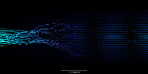 Wall Mural - vector abstract technology background wavy neural network lines and binary code texture background b