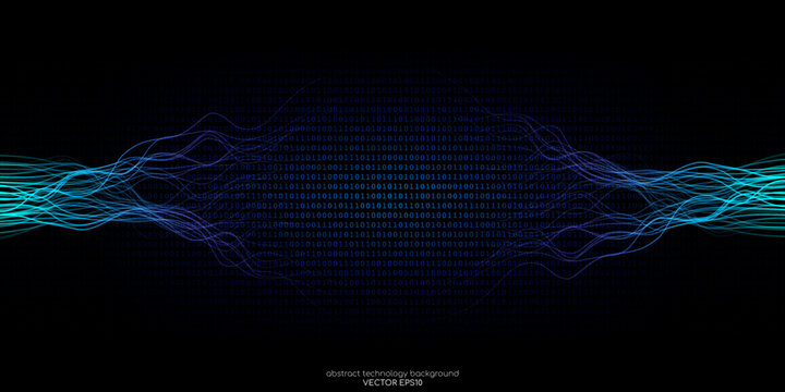 Vector abstract technology background wavy neural network lines and binary code texture background by blue green light on black for banner in concept digital, technology, big data, computer, science.