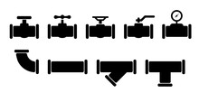 Water, Oil Or Gas Pipeline With Fittings And Valves. Pipeline And Black Tap, Open, Close. Globe Valve Icon Or Pictogram. Vector Pipe Fitting Symbol. Wastewater Or Waste Water Logo. Distribution.