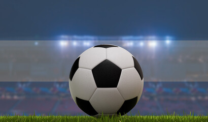 Wall Mural - Soccer football ball on a grass pitch in front of stadium lights and argentina flag. 3D Rendering