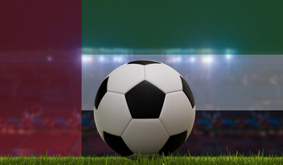 Wall Mural - Soccer football ball on a grass pitch in front of stadium lights and UAE flag. 3D Rendering