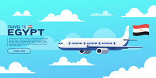 Travel To Egypt Poster With Flying Plane And National Flag. Banner For Travel Agency. Vector Illustration.