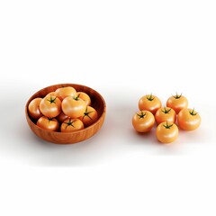 Poster - 3D render of a pile of orange tomatoes and orange tomatoes in a bowl isolated on a white background