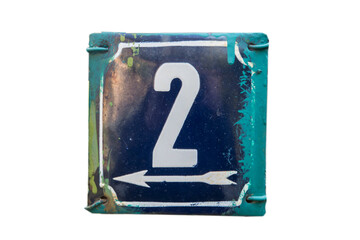 Weathered grunge square metal enameled plate of number of street address with number 2