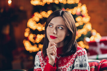 Sticker - Photo of adorable lovely lady arm hold chin interested look window snowy evening frosty weather enjoy calm peace moment room indoors house