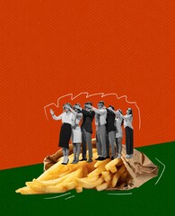 Wall Mural - Food pop art photography. Contemporary art collage. Creative design. Group of young people, friends standing on fries with eyes closed