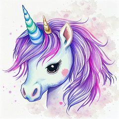 Beautiful unicorn portrait. Illustration for little kindergarten, preschool children, baby.