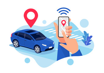 vector illustration of autonomous wireless parking remote connected electric car controlled via smar