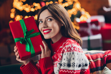 Wall Mural - Photo of pretty satisfied lady hold package look up good mood enjoy winter evening room indoors house