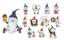 Set Of Christmas Gnomes Isolated On White. Vector Hand Drawn Illustrations.