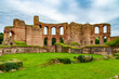 Picturesque close-up view of the remains of the Roman bath complex in the archaeological park of the famous Trier Imperial Baths (Kaiserthermen) in Trier, Germany, on a cloudy day.
