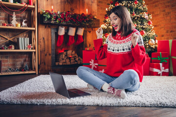 Sticker - Full body portrait of excited positive lady sit cozy floor raise fists success online shop promo festive decoration lights indoors