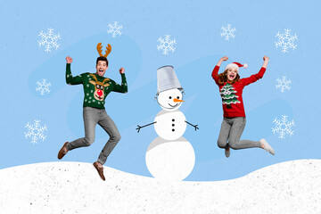 Canvas Print - Collage picture of two overjoyed excited people jumping have fun snowman flying snowflakes isolated on newyear background