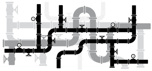 Water, oil or gas pipeline with fittings and valves. Pipeline and black tap, open, close. Globe valve icon or pictogram. Vector pipe fitting symbol. Wastewater or Waste water logo. Distribution.