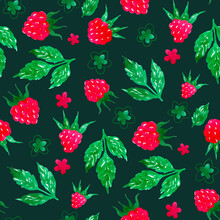 Hand-drawn Raspberry Seamless Pattern On Deep Green Background. Watercolor Sketching Of Red Berries, Dark Digital Paper And Fabric Design 