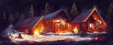 Blockhütte In Einer Winterlandschaft Mit Weihnachtsbaum Und Lagerfeuer In Weihnachtlicher Stimmung, Hintergrund Banner Illustration
