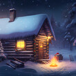 Blockhütte in einer Winterlandschaft mit Lagerfeuer in weihnachtlicher Stimmung, Weihnachtskarte Illustration
