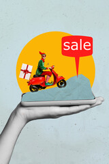 Canvas Print - Creative trend collage of funny funky elf helper driving scooter hand hold device gadget screen display delivery courier presents gifts