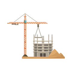 Sticker - Industrial construction building process vector illustration. Construction site with unfinished skyscraper, crane and piles of sand isolated on white background. Development, engineering concept