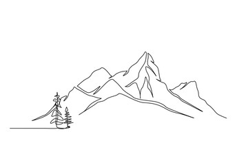 Wall Mural - Continuous one line drawing of mountain landscape. High mounts peak lineart drawing vector design. Adventure, winter sports, hiking and tourism concept. Simple line mountain range landscape design.